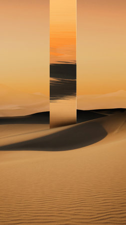 Sand. Sunset. Beautiful landscape of desert with futuristic figure design element. Abstract art....