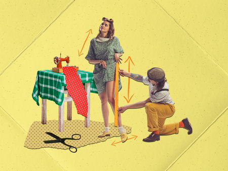 Contemporary art collage. Creative design. Man, professional seamstress, cloth designer measuring woman to sew her costume over yellow backgroundの写真素材