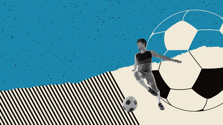 Modern creative design. Contemporary art. Banner. Young football player in motion, training over multicolored abstract backgroundの写真素材