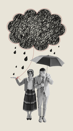 Contemporary art collage. Couple walking under umbrella. Woman suffering from obsessive thoughts....