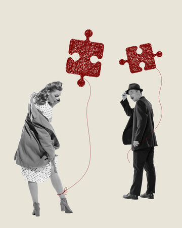 Contemporary art collage. Connecting love puzzles. Man and woman meeting and falling in love....