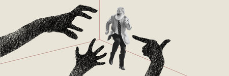 Contemporary art collage. Senior man suffering from hidden illusory fears. Human hands silhouettes...