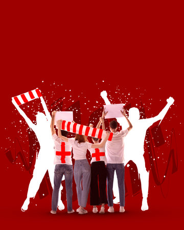 Creative art collage. Modern design. Group of young people, fans emotionally cheering favorite sport...