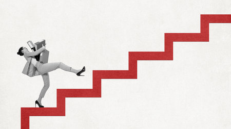 Contemporary art collage. Hard-working woman, employee holding folders and moving up the stairs. Difficult way to success and professional growthの写真素材