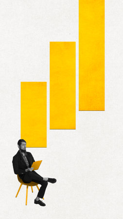 Contemporary art collage. Thoughtful busy man, employee sitting and working on company analytics, making graphs.の写真素材