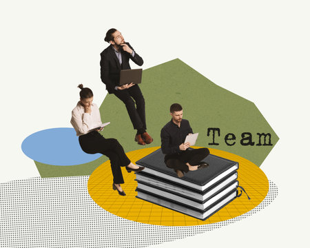 Contemporary art collage. Hard-working creative employees generating new profitable successful ideas for company growthの写真素材