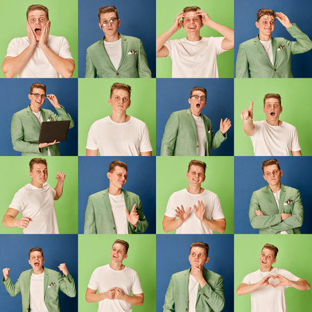 Collage. Portrait of young handsome man in stylish jacket and T-shirt posing with diverse emotions...
