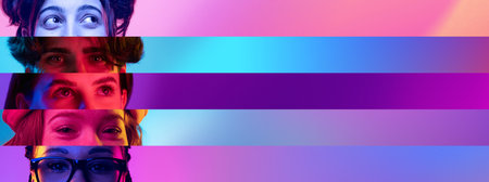 Collage. Close-up images of male and female eyes looking in different directions over multicolored background in neon lightの写真素材