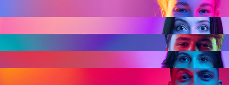 Collage. Male and female eyes placed on narrow stripes over gradient multicolored background in neon lightの写真素材