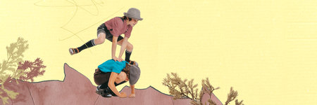 Contemporary art collage. Creative abstract design. Two little boys, children playing together outdoors in warm summer dayの写真素材