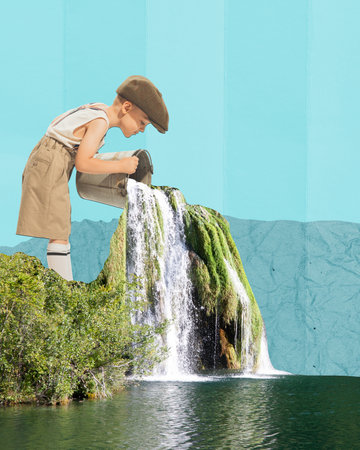Contemporary art collage. Creative surrealist design with little boy, child pouring waterfall from bucket. Nature view in summerの写真素材