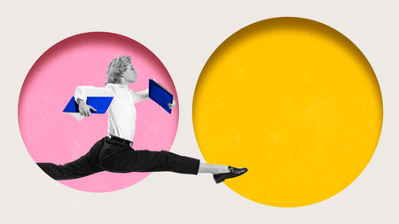 Contemporary art collage. Conceptual design. Finishing tasks. Young motivated woman, employee...
