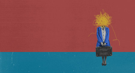 Creative design in retro style. Contemporary art collage. Woman in retro clothes standing with briefcase. Tangled thoughts. New life pathの写真素材