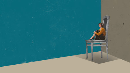 Creative design in retro style. Contemporary art collage. Young thoughtful woman sitting on giant chair in empty room. Inner world and feelingsの写真素材