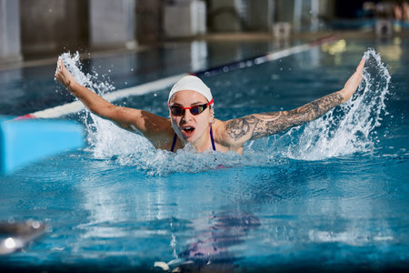 Butterfly swimming type. Young woman, professional female swimming athlete in cap and goggles training in pool indoors. Concept of sport, endurance, competitionの写真素材