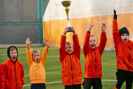 Winners. Group of little boys, children in uniform, football players raising award, trophy. Kids training on outdoor playground. Concept of sport, childhood, active lifestyleの写真素材