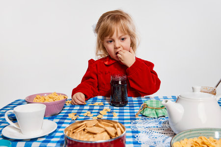 Cute little beautiful girl, kid having breakfast, eating at table against grey studio background. Concept of childhoodの写真素材