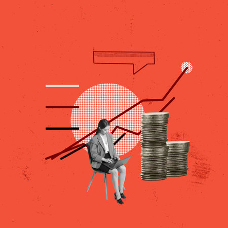 Contemporary art collage. Conceptual design. Young woman working on laptop, earning money. Financial growth. Freelance jobの写真素材