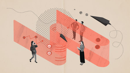 Innovations. Contemporary art collage. Conceptual design. Employees working on new strategy, developing plan, growing successの写真素材