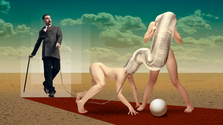 Surreal design in futuristic style. Contemporary art collage. Stylish man in suit with cane walking with two women on dessert. Strange walks, fantasyの写真素材