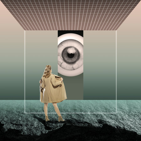 Contemporary art collage in surreal style. Young woman standing near giant eye over abstract elements. Hidden feelings, secrets and inner worldの写真素材