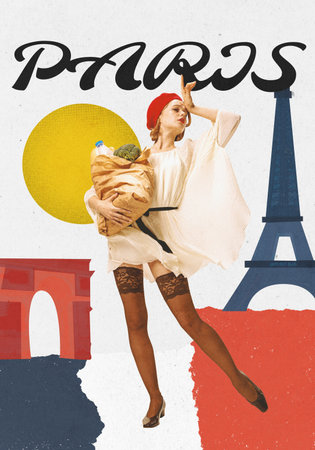 Contemporary art collage. Stylish young girl with food in parisian outfit standing on background with famous french landmark, towerの写真素材