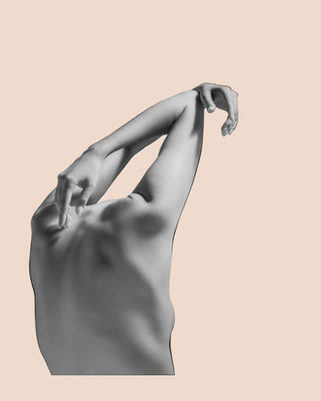 Body art, abstract aesthetics. Human beauty. Textured slim attractive female body, back and hands over light backgroundの写真素材