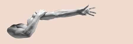 Body art, aesthetics. Muscular relief strong male hand isolated over light pastel background. Silhouette. Sculptureの写真素材