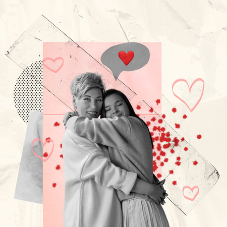 Contemporary art collage. Creative design. Beautiful smiling mature woman, mother hugging her daughter. Motherhood, parenthoodの写真素材
