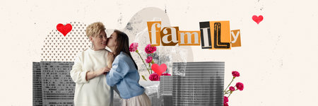 Contemporary art collage. Creative design. Lovely image of mother and daughter showing their love to each other.の写真素材