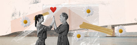 Contemporary art collage. Creative design. Beautiful middle-aged woman, mother with young girl, daughter over pastel backgroundの写真素材