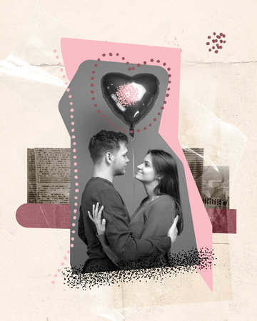 Contemporary art collage. Creative design. Happy lovely young couple celebrating dating anniversary. Romanceの写真素材