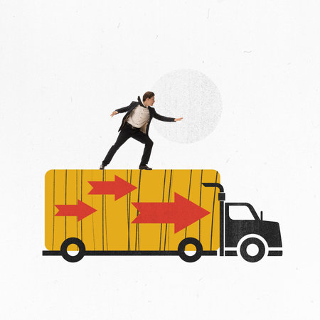 Conceptual modern art, design. Young man standing on moving truck symbolizing fast and safe...