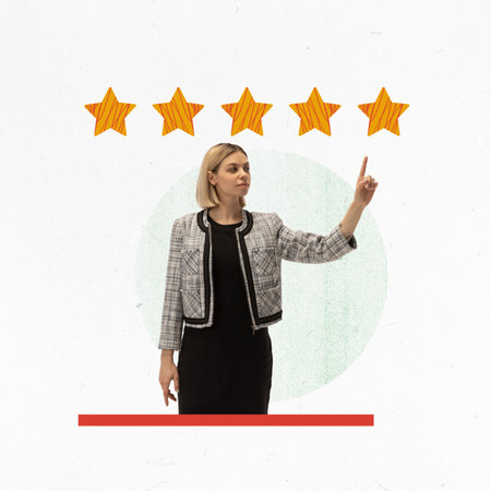 Evaluation. Creative modern conceptual design. Woman putting five stars. Giving highest mark for serviceの写真素材