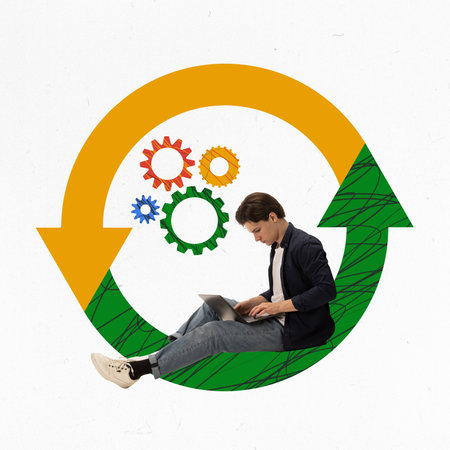 Adaptability. Modern creative conceptual design. Man, employee sitting on round endless working...