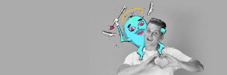 Contemporary art collage. Conceptual design. Black and white image of happy young man in love. Colorful cartoon style character on shouldersの写真素材
