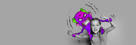 Contemporary art collage. Conceptual design. Black and white of little girl emotionally playing with colorful cartoon style character, monsterの写真素材