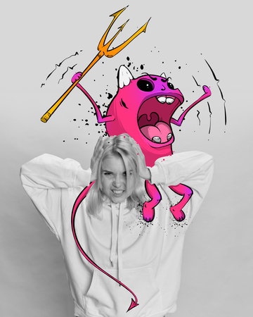 Contemporary art collage. Conceptual design. Black and white image of angry young girl with colorful cartoon style monster on shouldersの写真素材