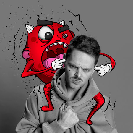 Contemporary art collage. Conceptual design. Black and white image of young man with angry face. Colorful cartoon style monster on shouldersの写真素材