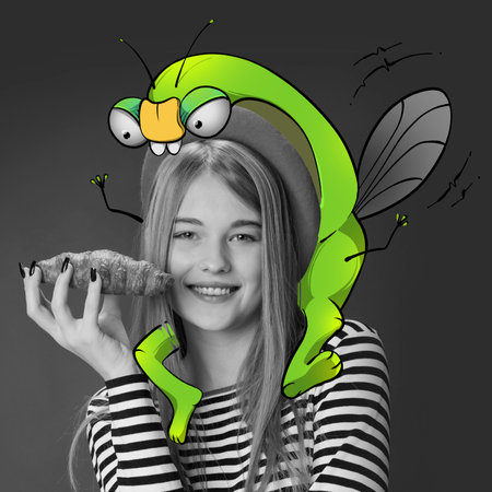 Contemporary art collage. Conceptual design. Black and white image of happy young girl eating croissant. Colorful cartoon style character on shouldersの写真素材