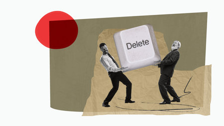 Contemporary art collage. Creative design. Two men, business partners carrying heavy keyboard button of delete. Overcoming difficultiesの写真素材