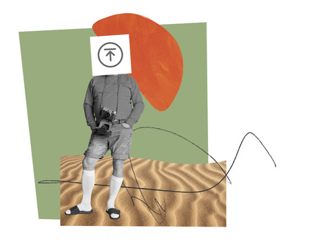 Contemporary art collage. Creative design. Man, photographer and tourist with download symbol instead head. Making photosの写真素材