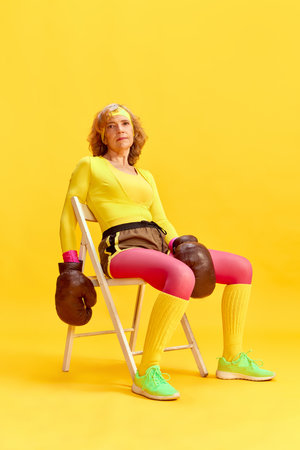Elderly sportive woman in colorful uniform sitting on chair in retro boxing gloves, posing against yellow studio background. Concept of sport and healthの写真素材