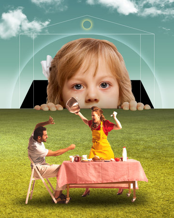 Little girl, child peeking out the horizon and looking at parents in kitchen. Relationship and parenthood. Surrealism. Contemporary conceptual art collage.の写真素材