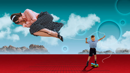 Little cute boy, child playing with skate while his mother sleeping. Abstract sky background. Contemporary conceptual art collage. Surrealismの写真素材