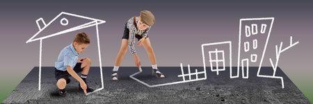 Two little boys, kids in retro clothes playing, drawing with chalk over abstract background. Contemporary conceptual art collage. Surrealismの写真素材