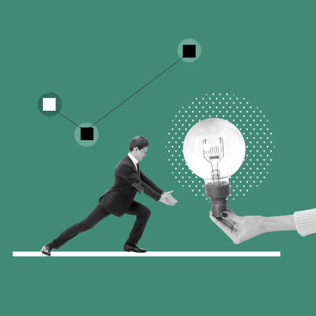 Young ambitious businessman, employee moving to lighbulb, generating creative ideas in professional sphere. Contemporary art collage. Conceptual design.の写真素材