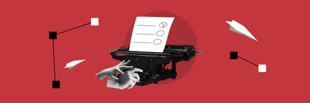 Male hands typing on retro typewriter, making business plan and strategy. Following time and instructions. Contemporary art collage. Conceptual design.の写真素材