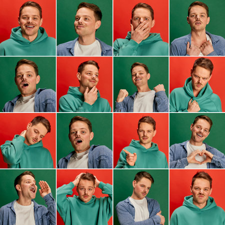 Collage. Set of images of young man in casual clothes posing with diverse emotions against green and red studio backgrounds.の写真素材