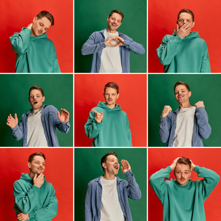 Collage. Set of images of young man in casual clothes posing with diverse emotions against green and...